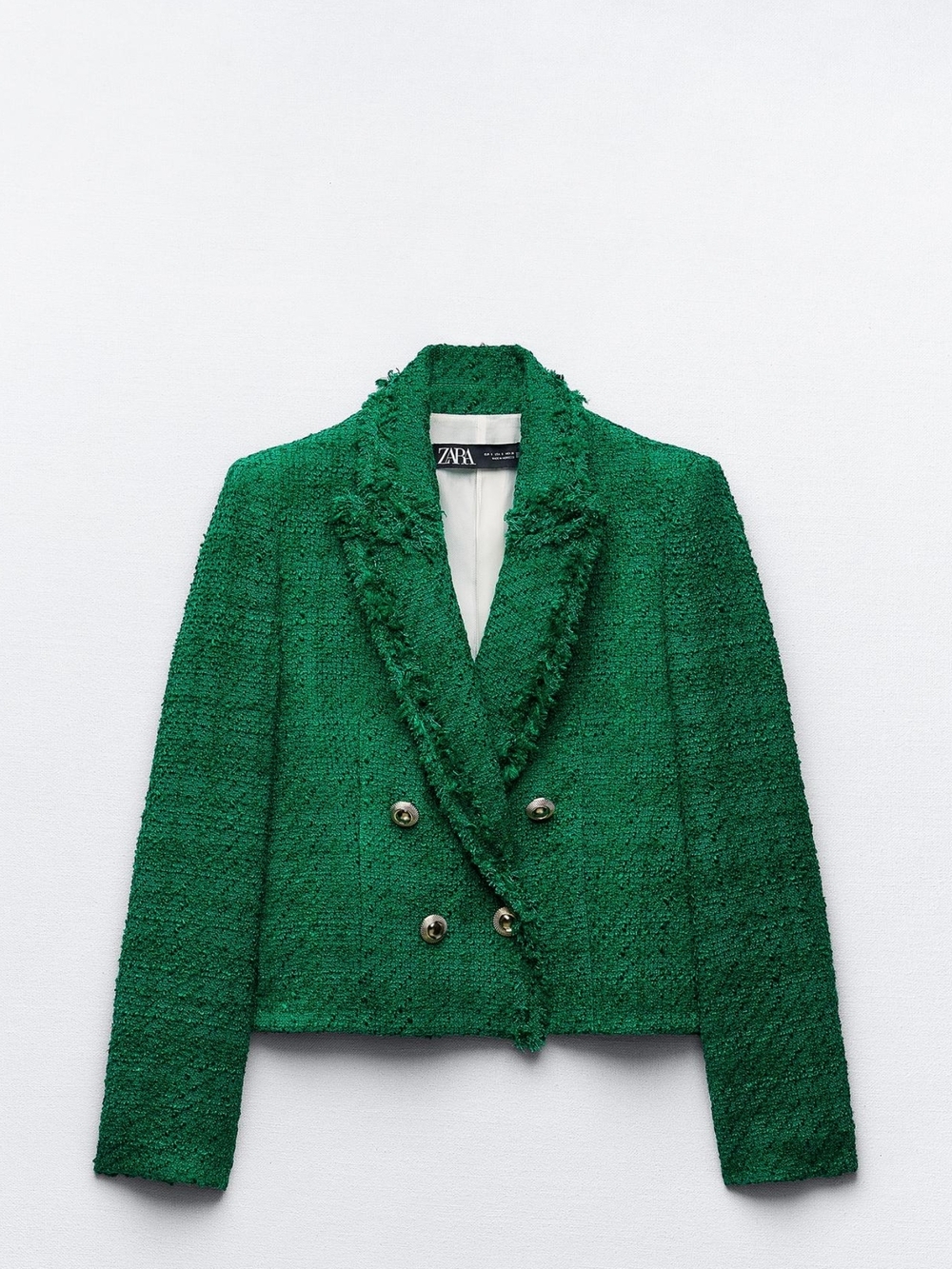 Zara Emerald Green Textured Double-Breasted Cropped Blazer